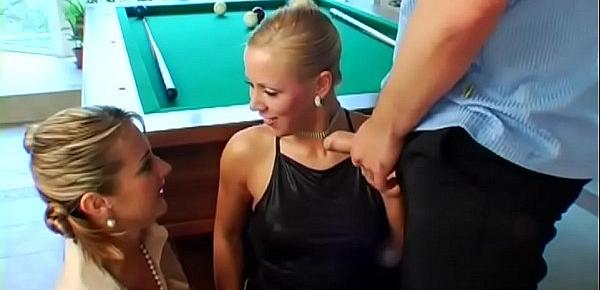  Blonde bombshells have pissing threesome in billiards room